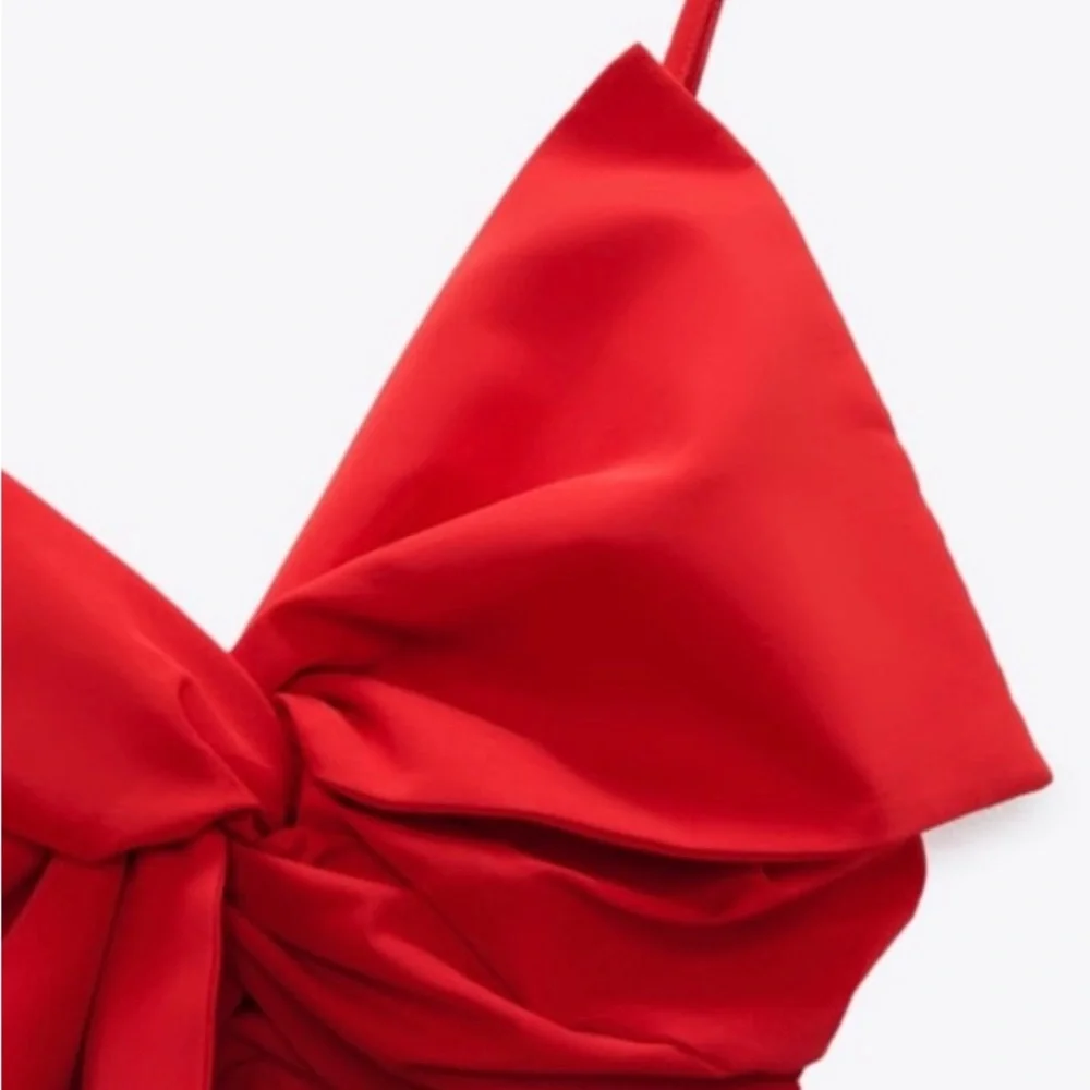 NWTags Zara red ruched‎ bow vneck mini dress size small